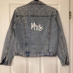 Embellished Light Wash Denim Jacket with "Mrs."